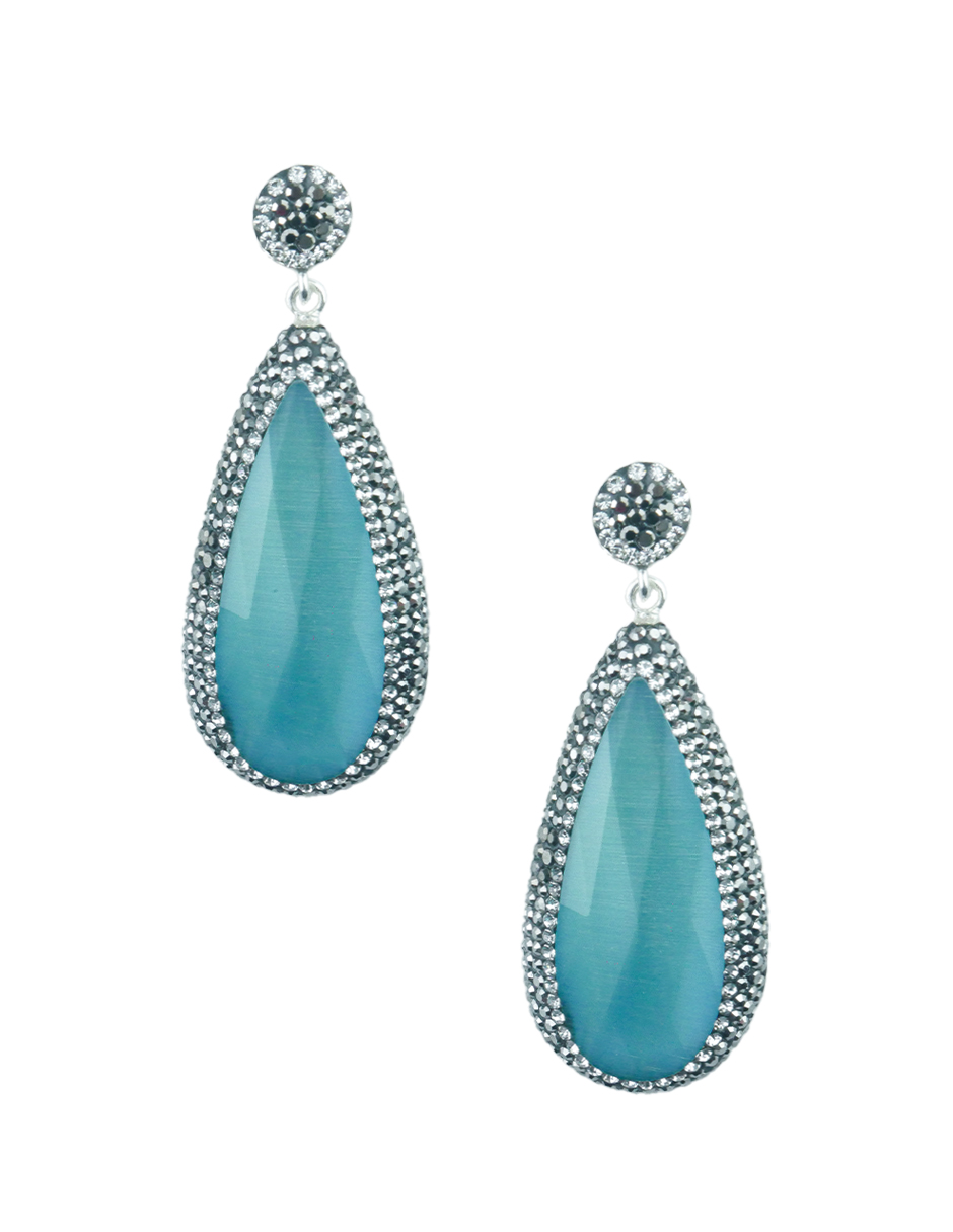 Aretes turcos Queen Farah de Plata 925, con baño de Rodio, gema de ojo de gato y cristales - Azul claro