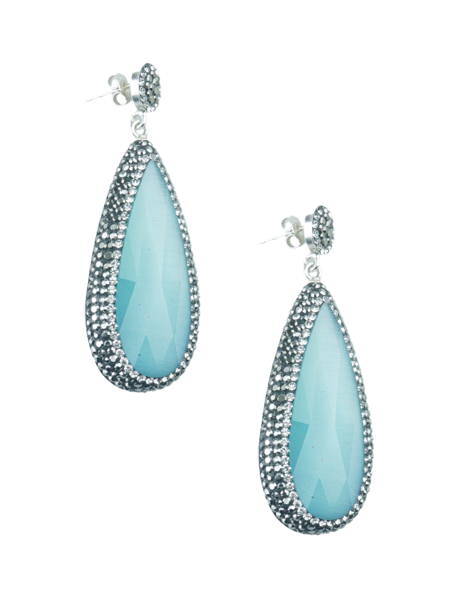 Aretes turcos Queen Farah de Plata 925, con baño de Rodio, gema de ojo de gato y cristales - Azul claro