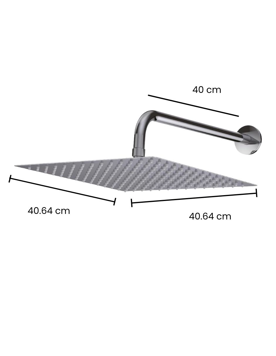 Regadera Cuadrada de 16 Pulgadas (40.64 cm x 40.64 cm) XXL, fabricada en acero inoxidable con brazo de 40 cm, Con sensación de lluvia