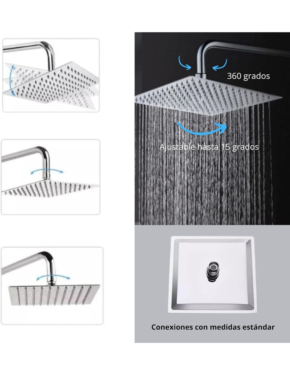 Regadera Cuadrada de 16 Pulgadas (40.64 cm x 40.64 cm) XXL, fabricada en acero inoxidable con brazo de 40 cm, Con sensación de lluvia