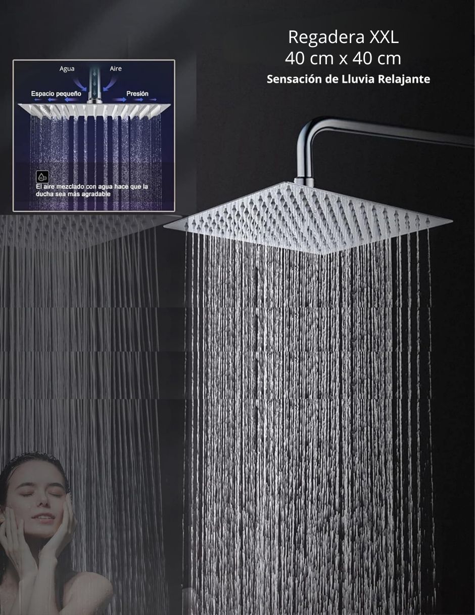 Regadera Cuadrada de 16 Pulgadas (40.64 cm x 40.64 cm) XXL, fabricada en acero inoxidable con brazo de 40 cm, Con sensación de lluvia