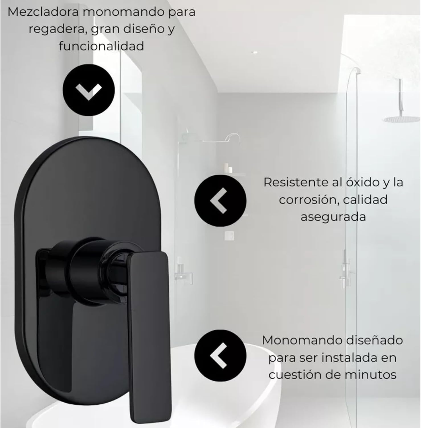 Regaderas Cuadradas XL 12" (30.48 cm x 30.48 cm) Acero Inox, Incluye Brazo de 40 cm, Mezcladora Monomando y Resumidero, Kits de regaderas, set completo de regadera negro mate