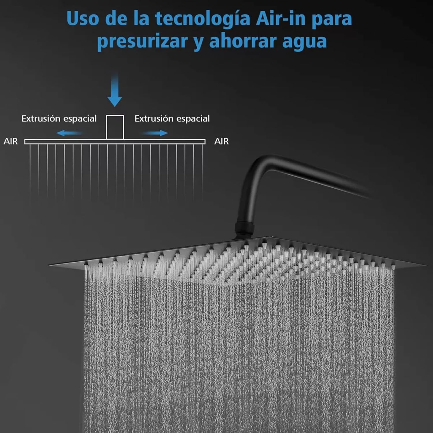 Regaderas Cuadradas XL 12" (30.48 cm x 30.48 cm) Acero Inox, Incluye Brazo de 40 cm, Mezcladora Monomando y Resumidero, Kits de regaderas, set completo de regadera negro mate