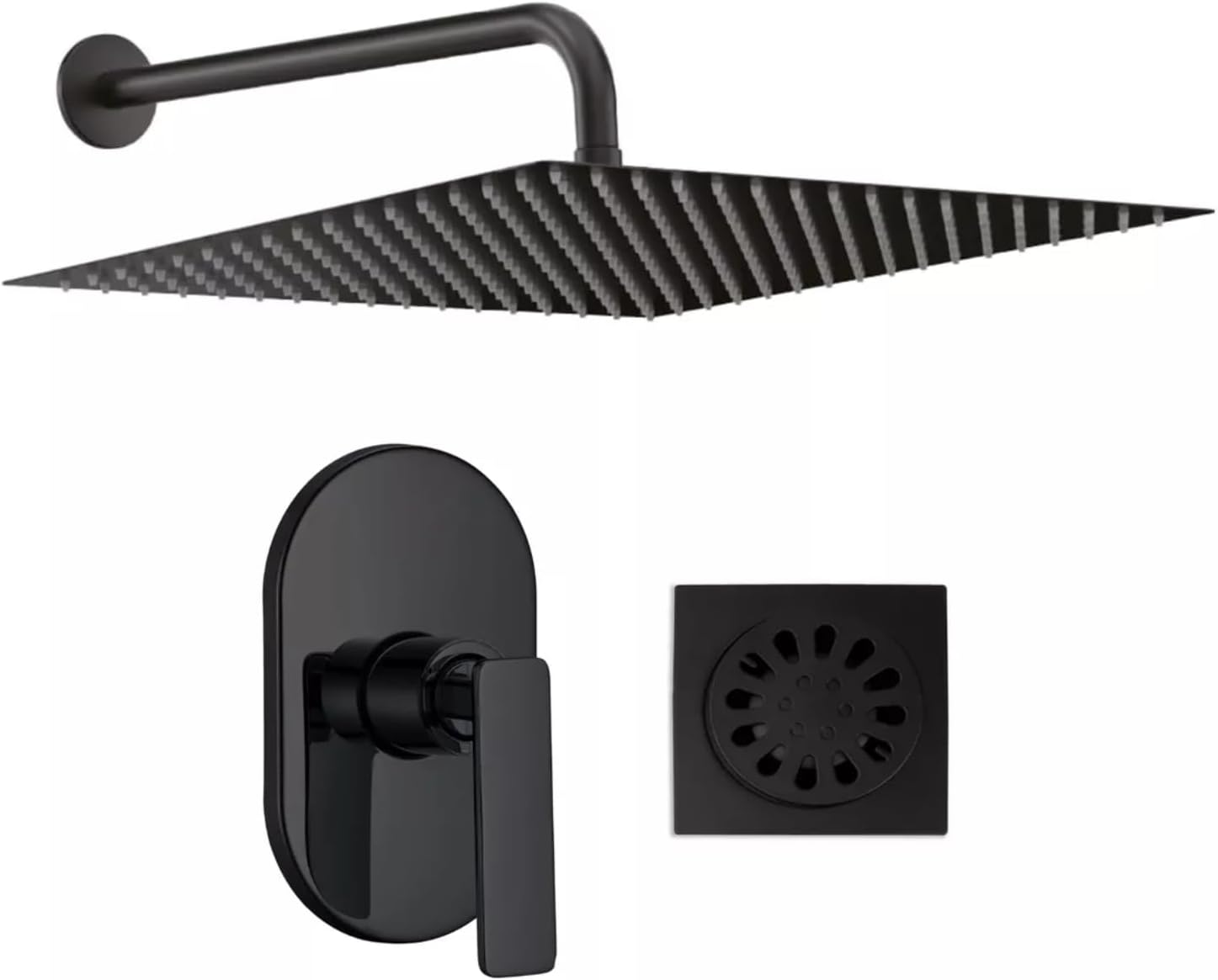 Regaderas Cuadradas XL 12" (30.48 cm x 30.48 cm) Acero Inox, Incluye Brazo de 40 cm, Mezcladora Monomando y Resumidero, Kits de regaderas, set completo de regadera negro mate