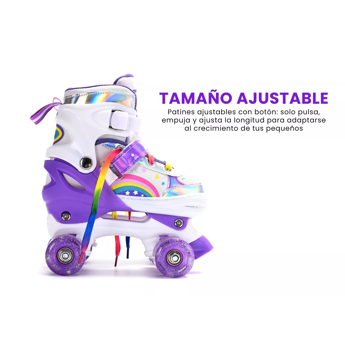 Patines De 4 Ruedas Para Niños Ajustables Con Freno Y Luces Lila Talla S