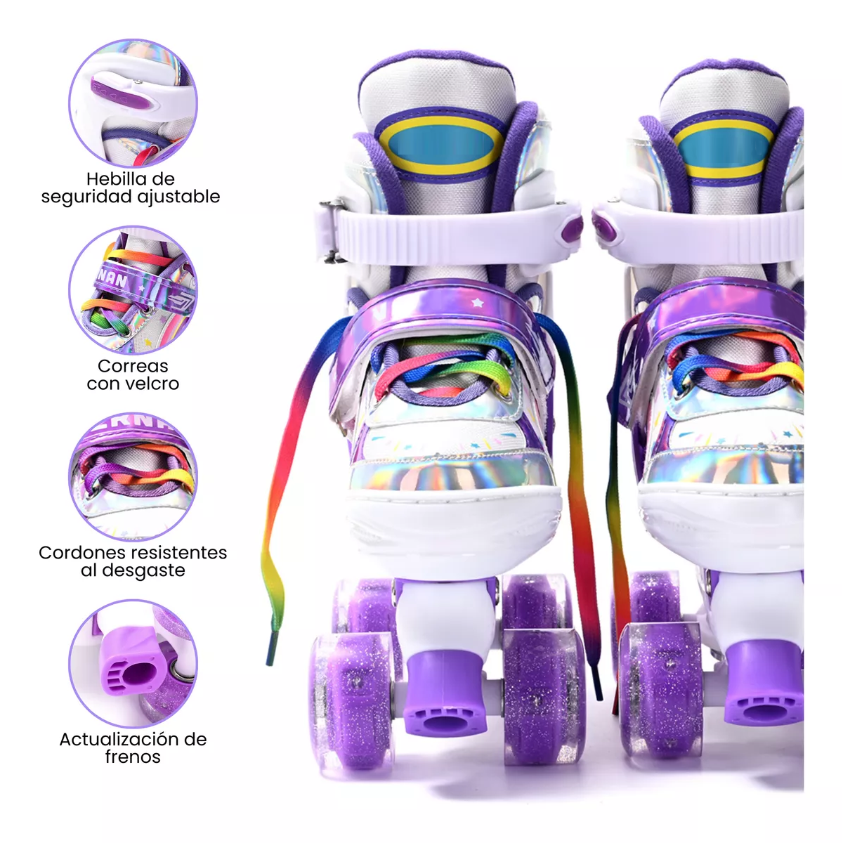 Patines De 4 Ruedas Para Niños Ajustables Con Freno Y Luces Lila Talla S