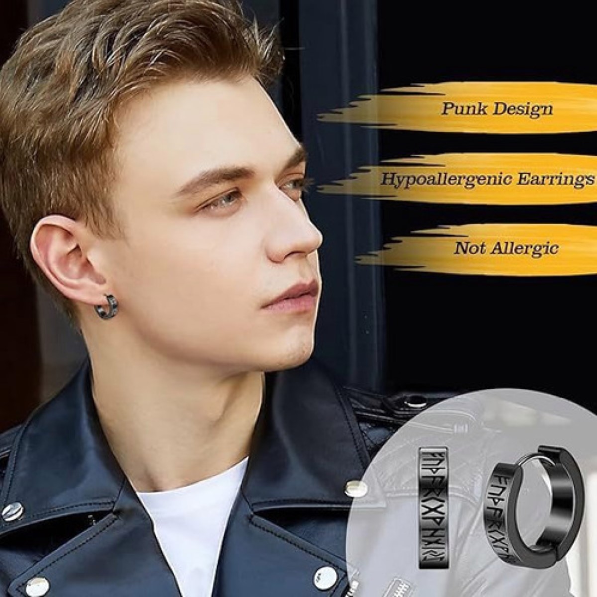 6 Pares Aretes Con Piercing Pendientes Runas Hombre NEGRO