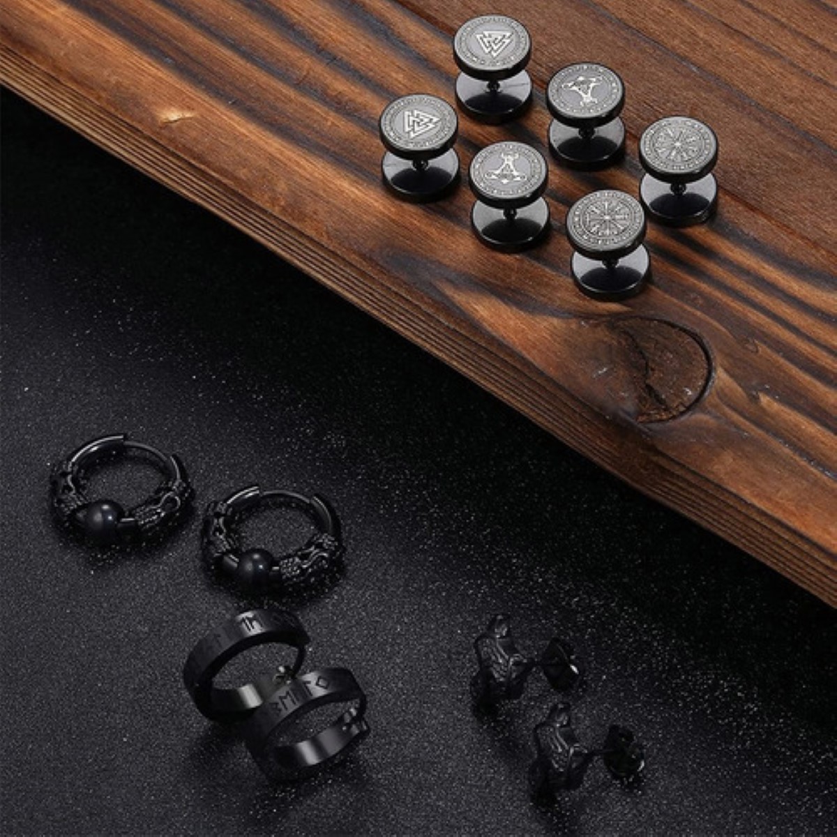 6 Pares Aretes Con Piercing Pendientes Runas Hombre NEGRO