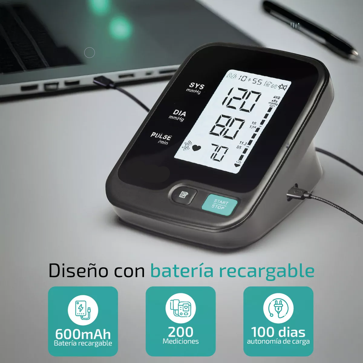 Baumanometro Digital Bluetooth Batería USB Monitor Medidor de presion  Negro