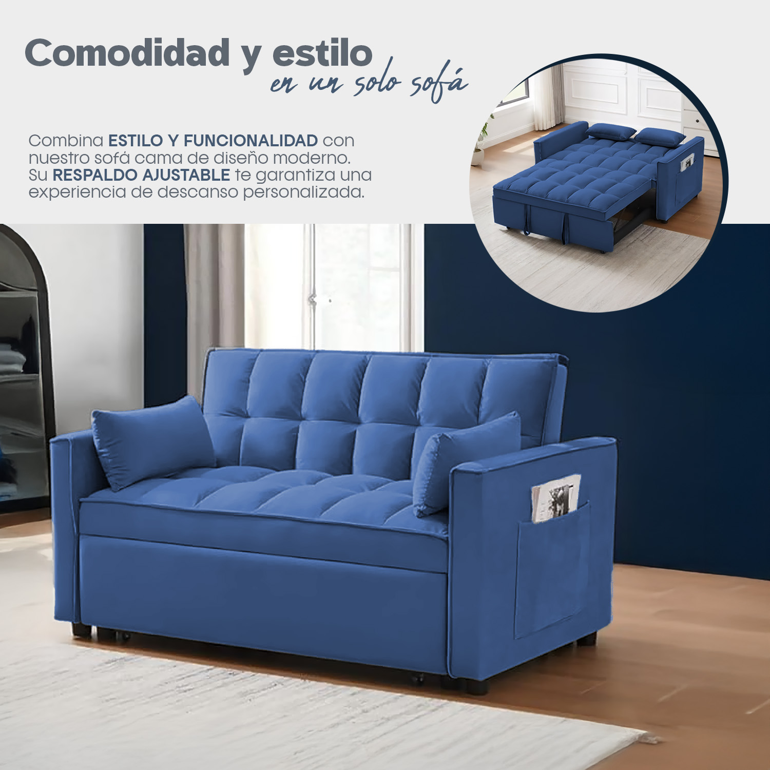 Sofácama Reclinable Convertible Matrimonial Bossa Anders Azul