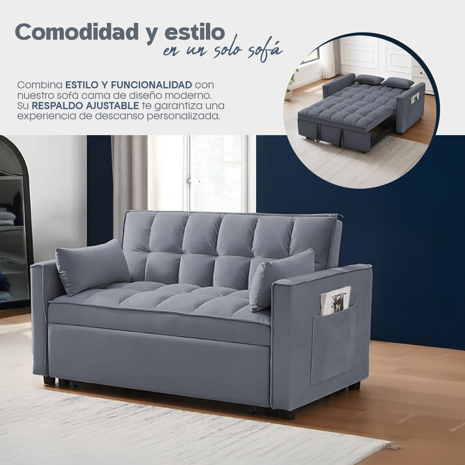 Sofácama Reclinable Convertible Matrimonial Bossa Anders Gris