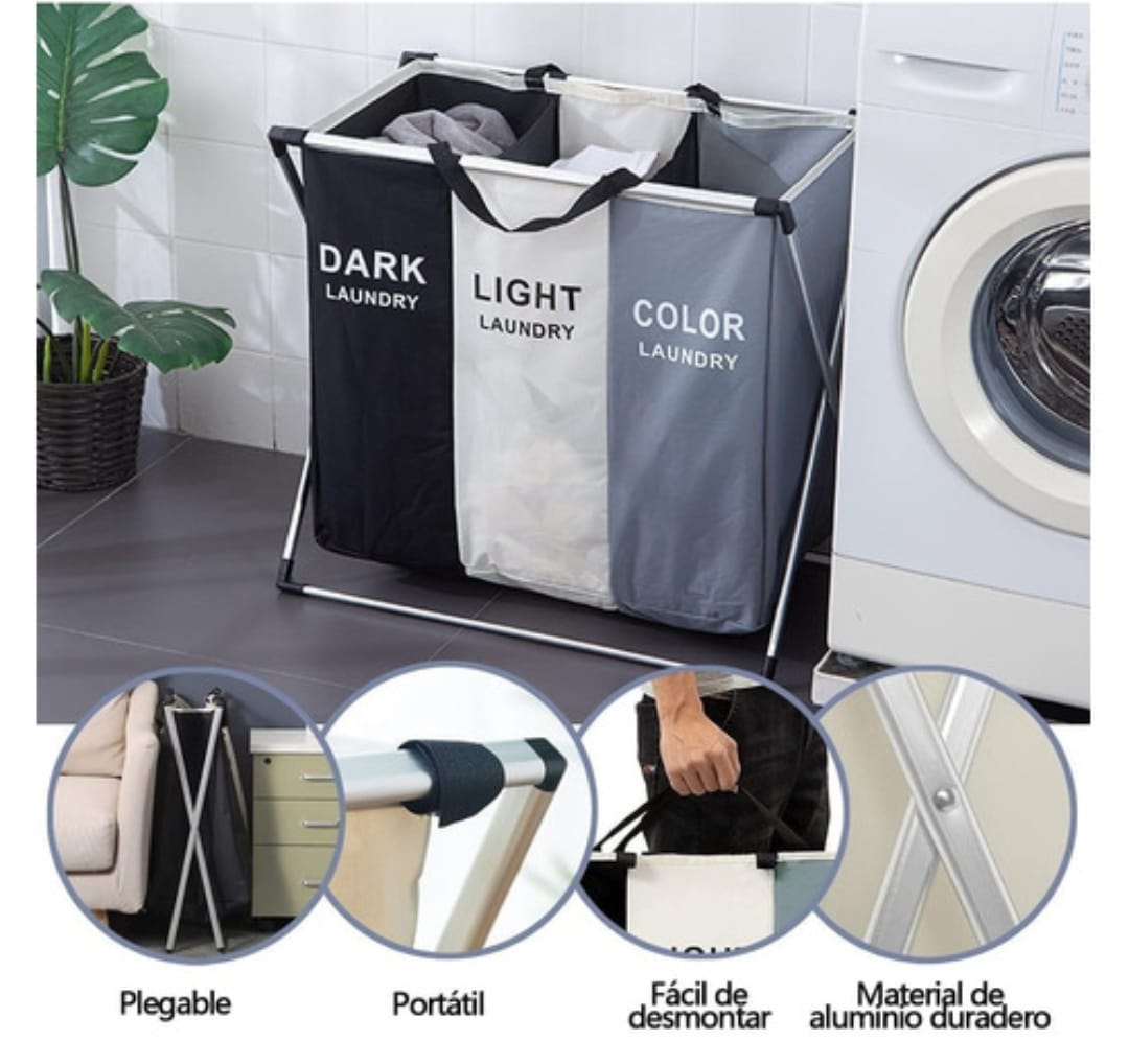 Cesto Ropa 3 Secciones Plegable Lavandería Hogar Recamara