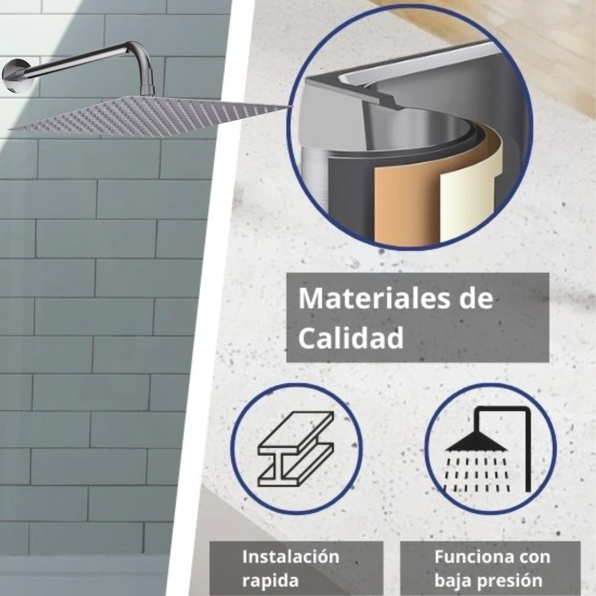 Regadera Cuadrada de 16 Pulgadas (40.64 cm x 40.64 cm) XXL, fabricada en acero inoxidable con brazo de 40 cm, Con sensación de lluvia