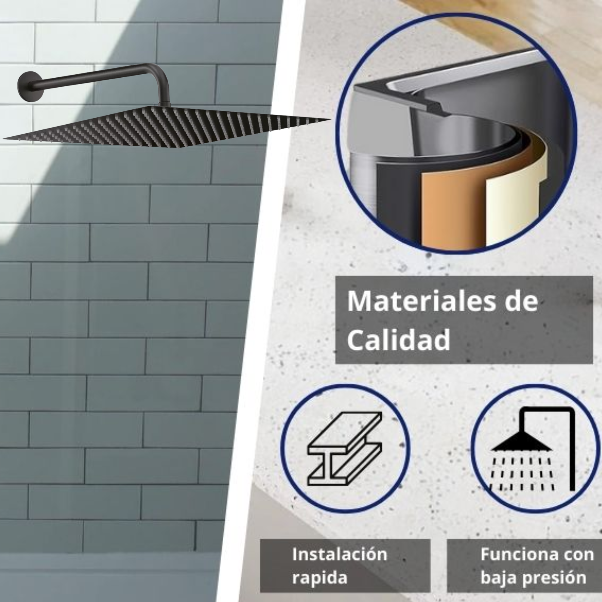 Regaderas Cuadradas XL 12" (30.48 cm x 30.48 cm) Acero Inox, Incluye Brazo de 40 cm, Mezcladora Monomando y Resumidero, Kits de regaderas, set completo de regadera negro mate