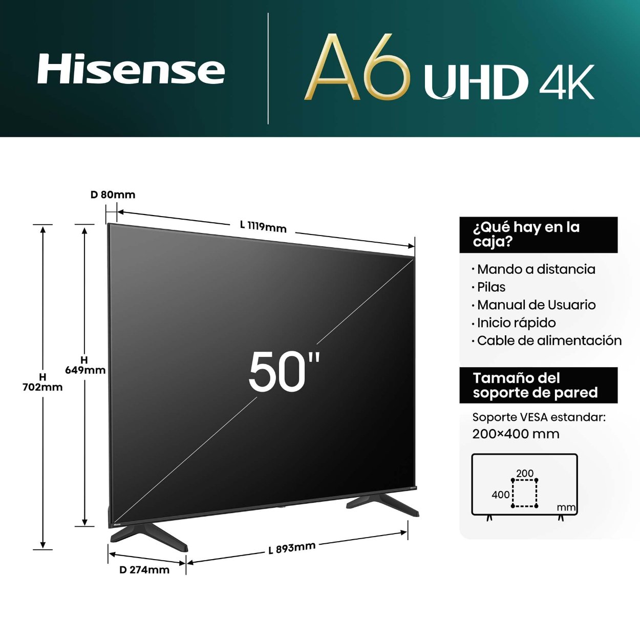 Televisión Pantalla 50 Pulgadas Hisense Smart TV 4K UHD 50A6NV