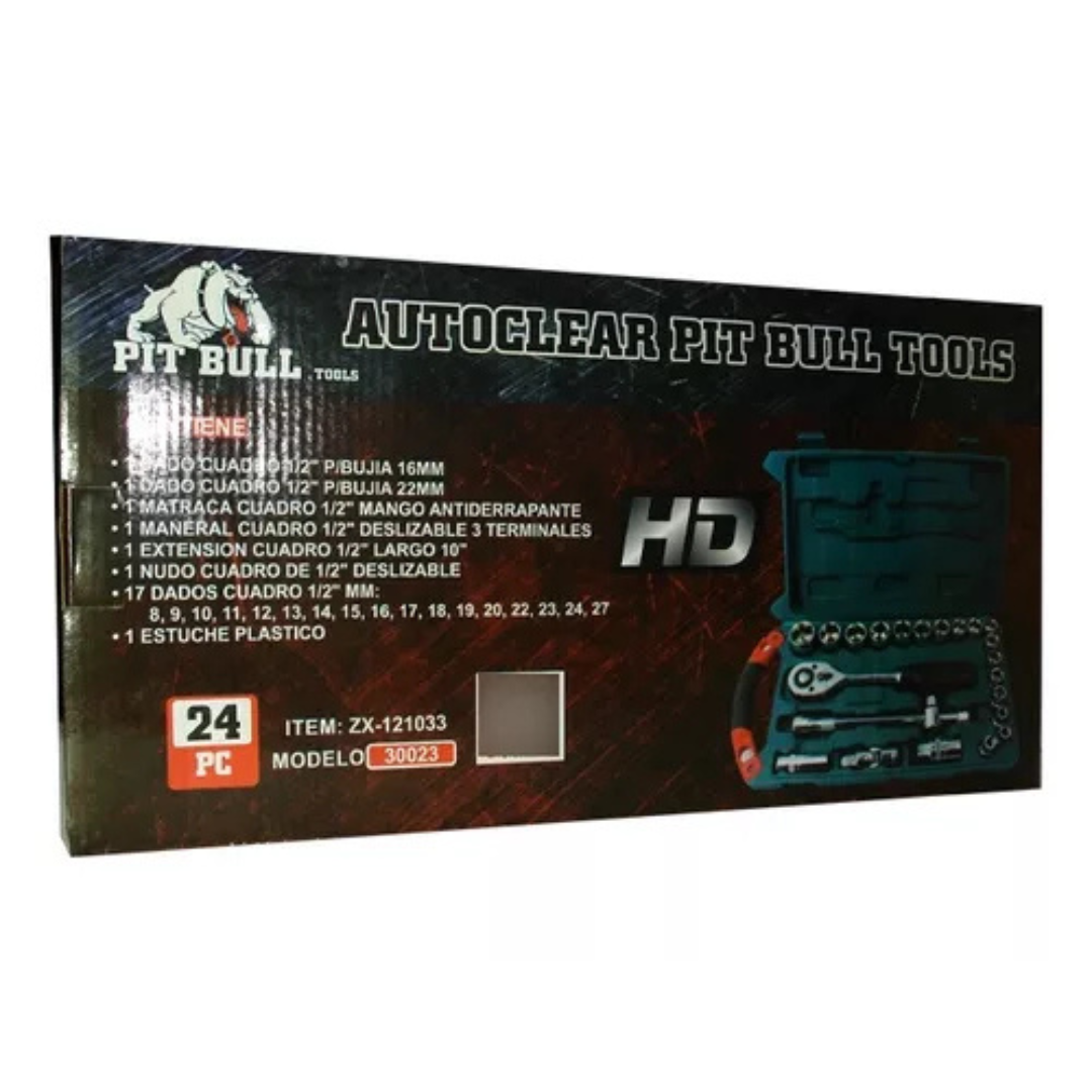 AUTOCLEAR 1/2" JUEGO 24 PIEZAS, MARCA PIT BULL TOOLS.