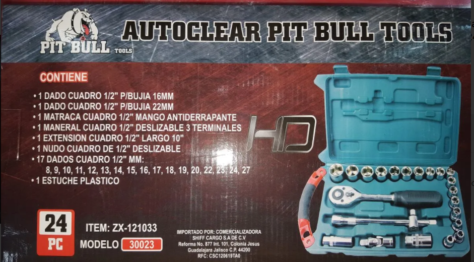 AUTOCLEAR 1/2" JUEGO 24 PIEZAS, MARCA PIT BULL TOOLS.
