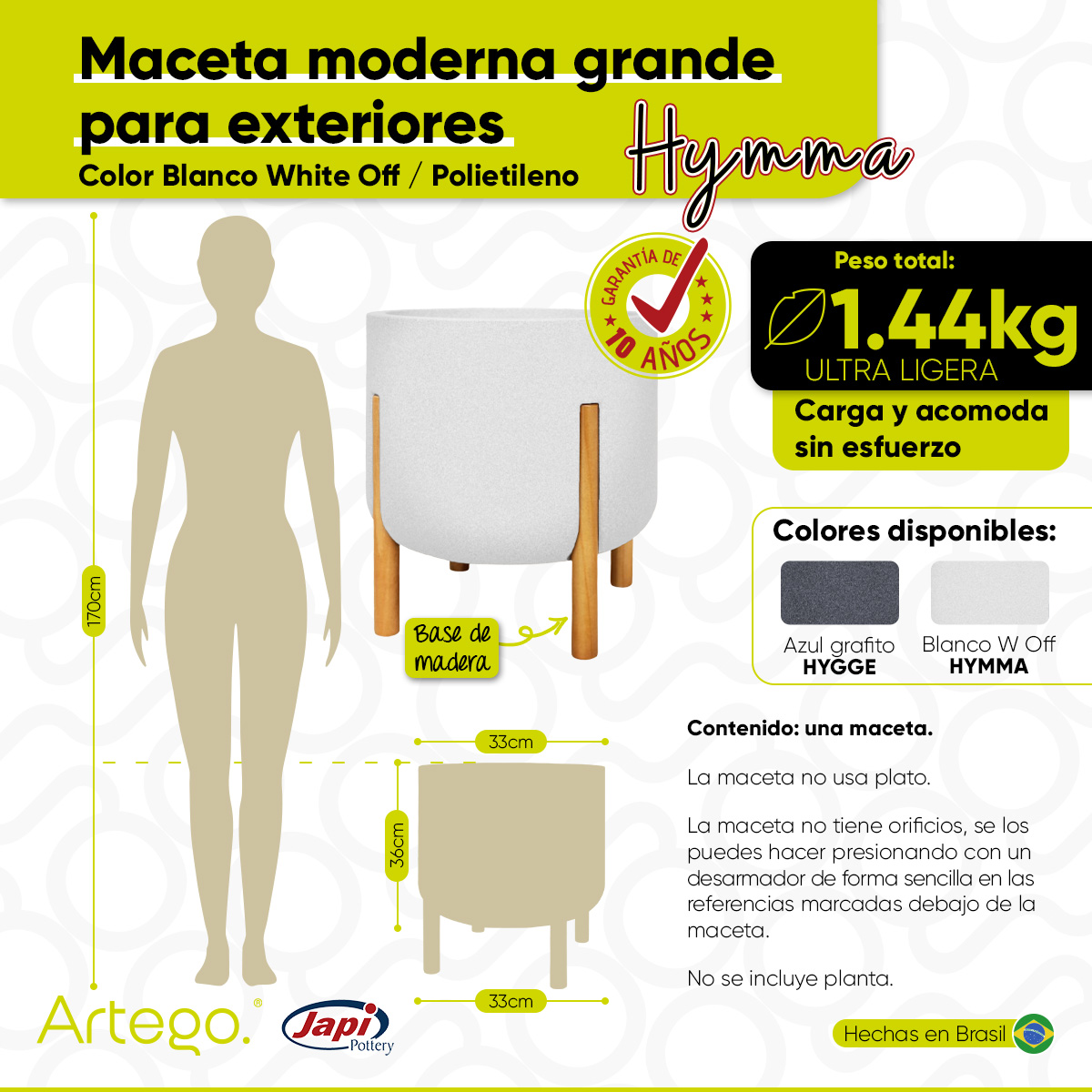 Maceta moderna con base de madera 36 cm de alto color Blanco White off HYMMA de Polietileno ultra ligera Artego Japi Hecho en Brasil