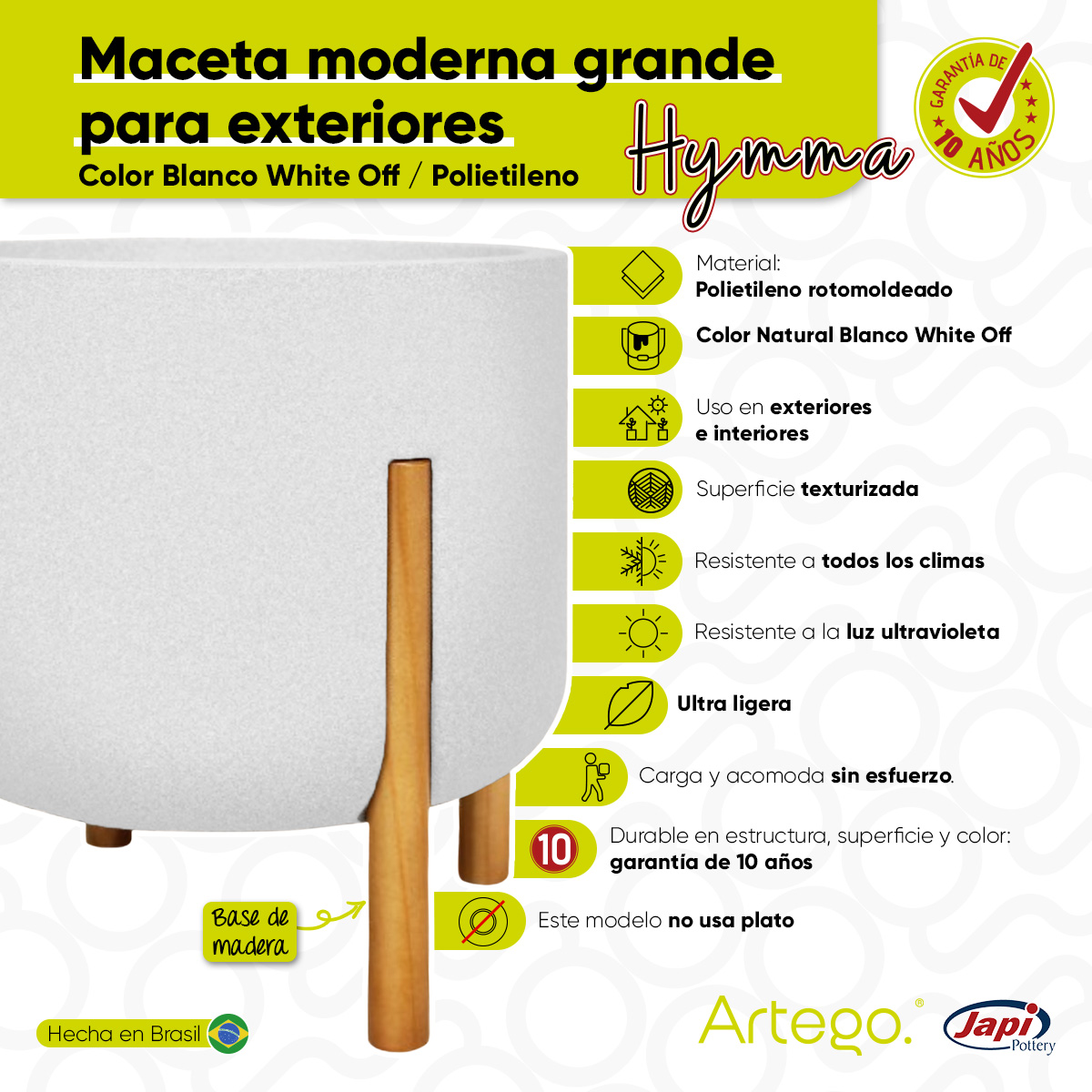 Maceta moderna con base de madera 36 cm de alto color Blanco White off HYMMA de Polietileno ultra ligera Artego Japi Hecho en Brasil