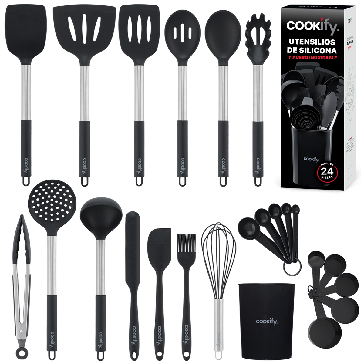 Set 24 pzas Utensilios de Cocina con Silicona y Acero Inoxidable Negro / Plateado Cookify.