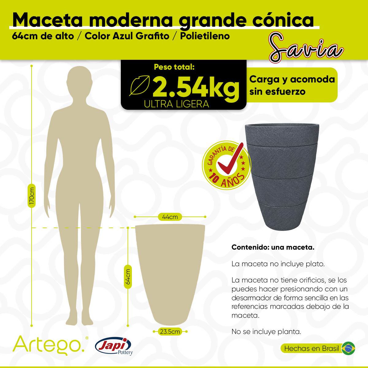 Maceta moderna para exteriores cónica grande 64 cm de alto color Azul grafito SAVIA de Polietileno ultra ligera Artego Japi Hecho en Brasil