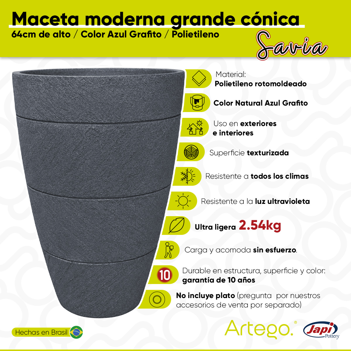 Maceta moderna para exteriores cónica grande 64 cm de alto color Azul grafito SAVIA de Polietileno ultra ligera Artego Japi Hecho en Brasil