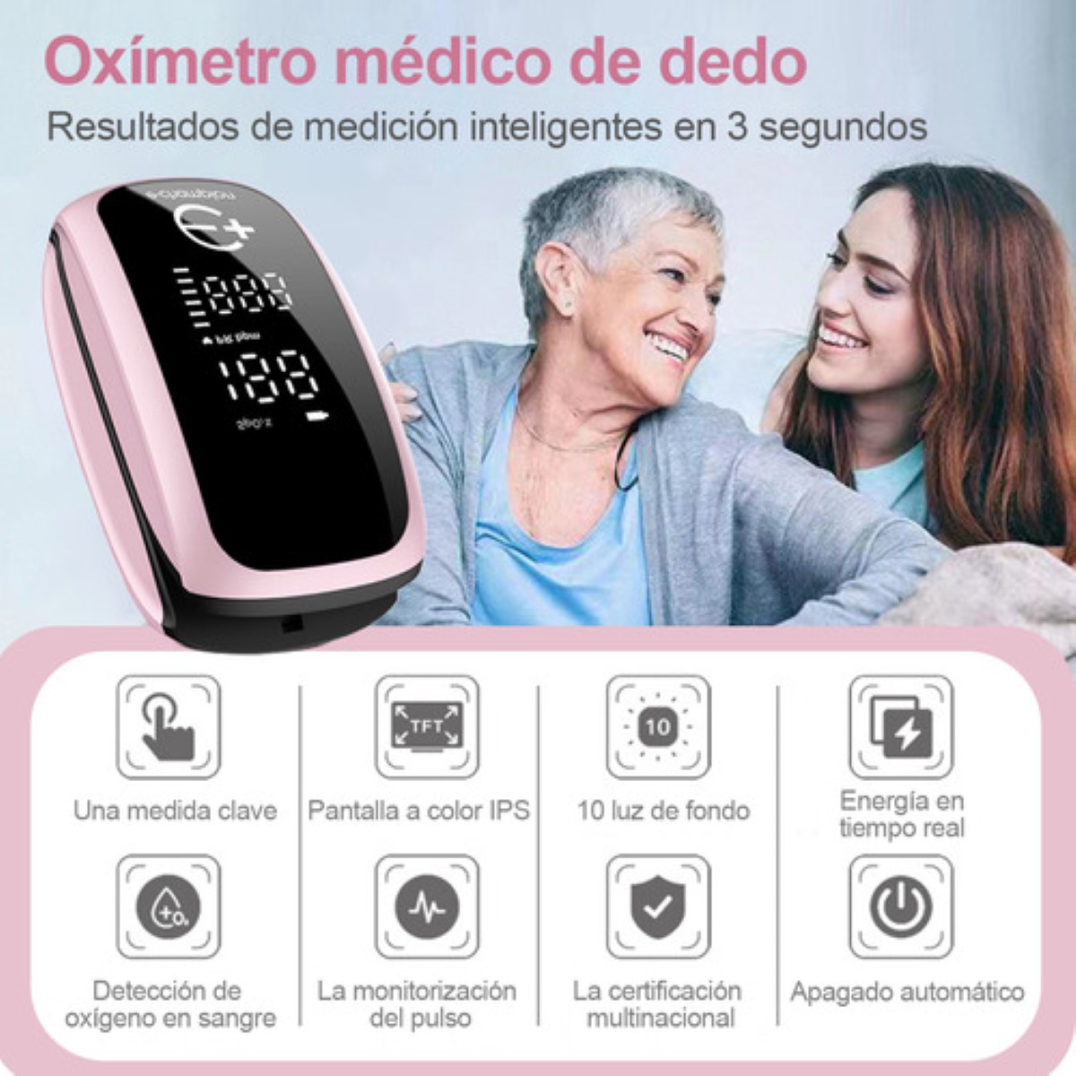 Con Oximetro De Dedo Instrumento Inteligente Recargable Usbc ROSA NEGRO