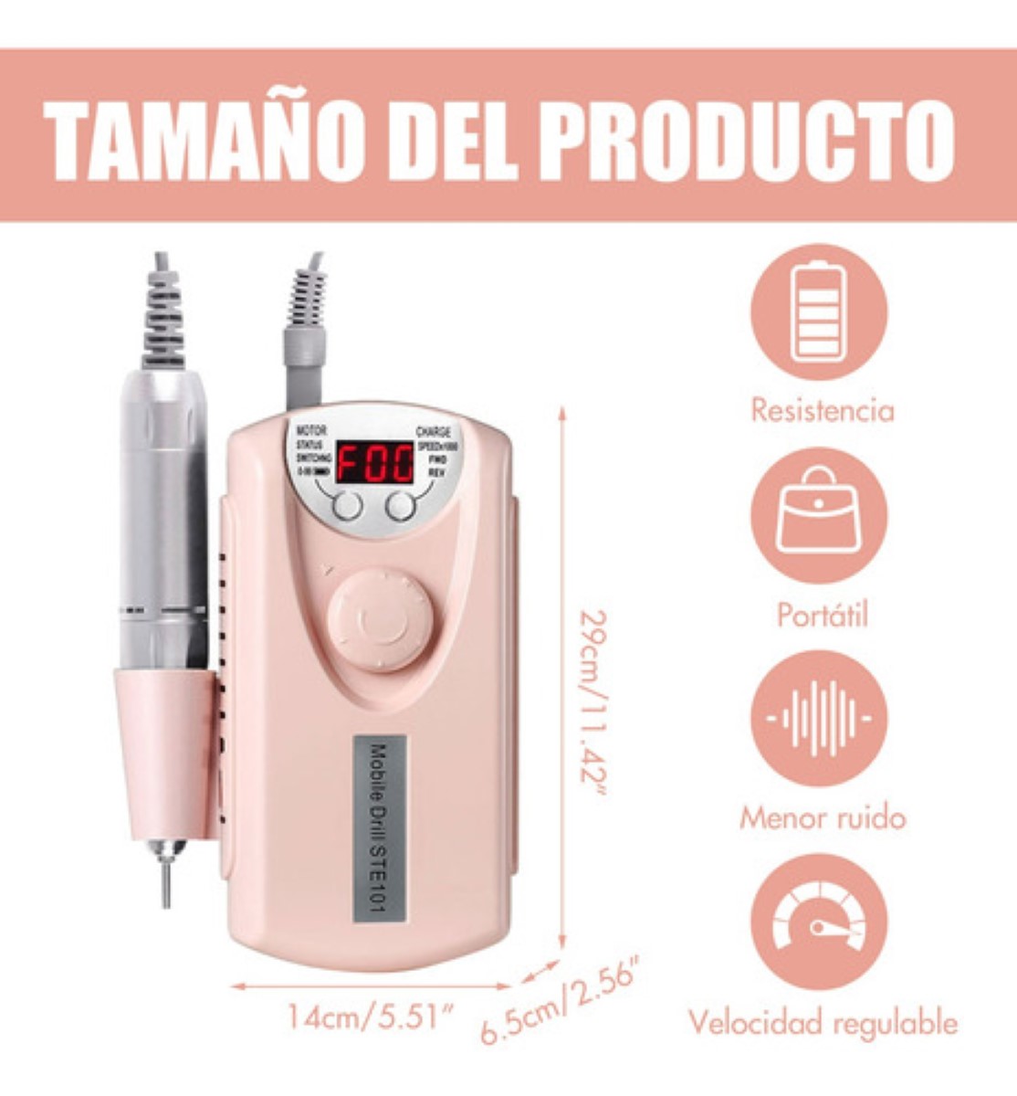 Esmeril Para Uñas Profesional Drill Pulidor Kit 35000 Rpm ROSA