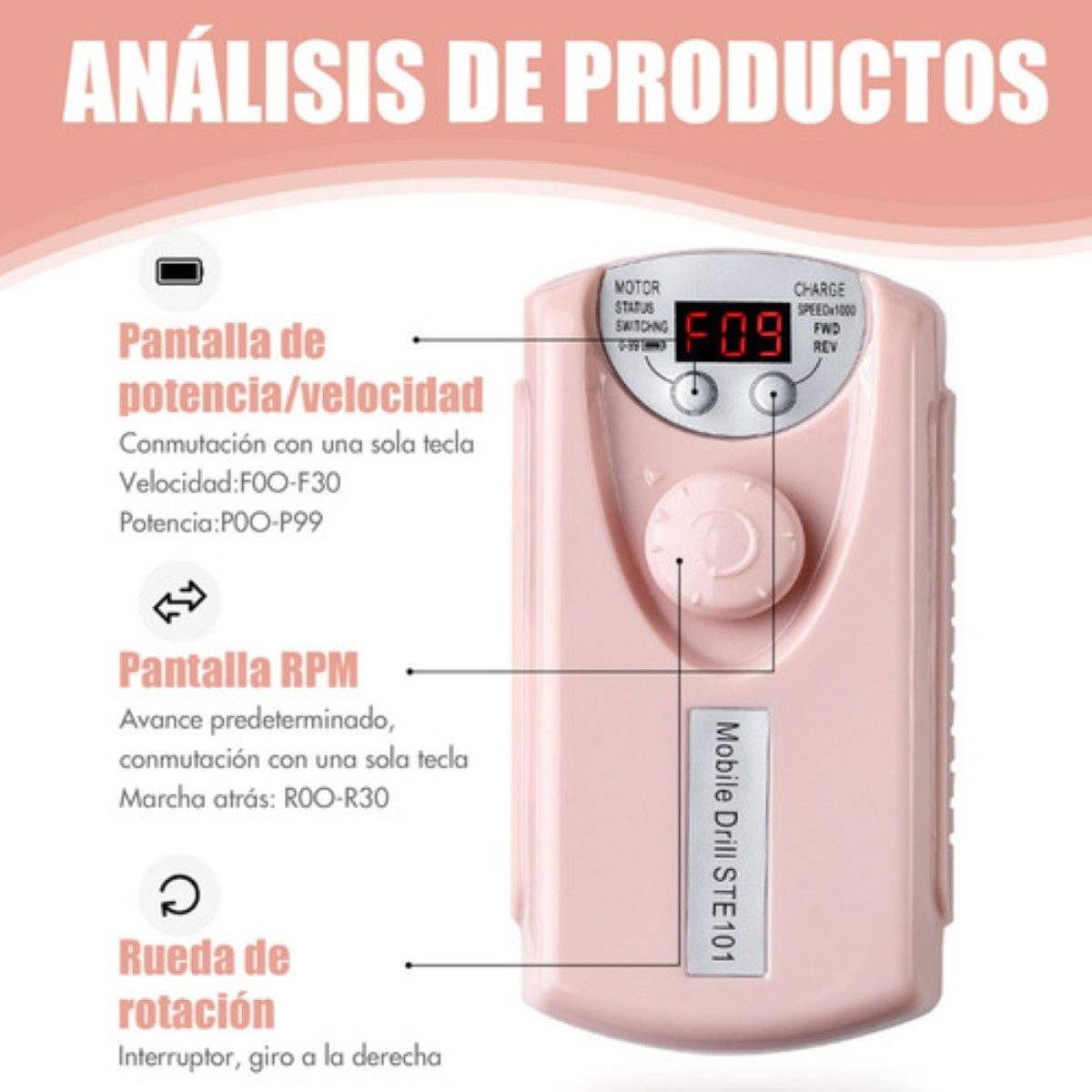Esmeril Para Uñas Profesional Drill Pulidor Kit 35000 Rpm ROSA