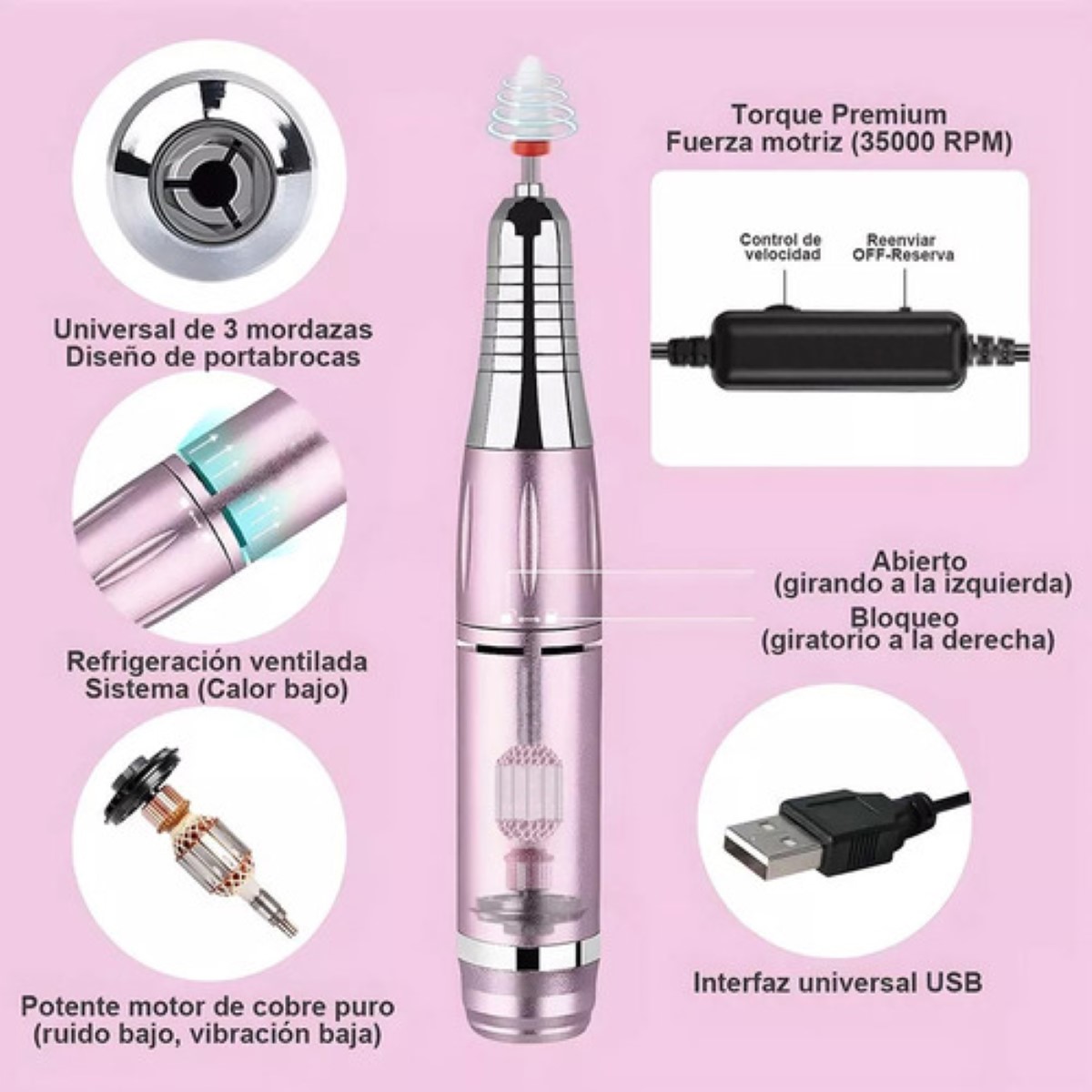 Pulidor Esmeril Taladro Drill Para Uñas Acrilicas 35000rpm ROSA