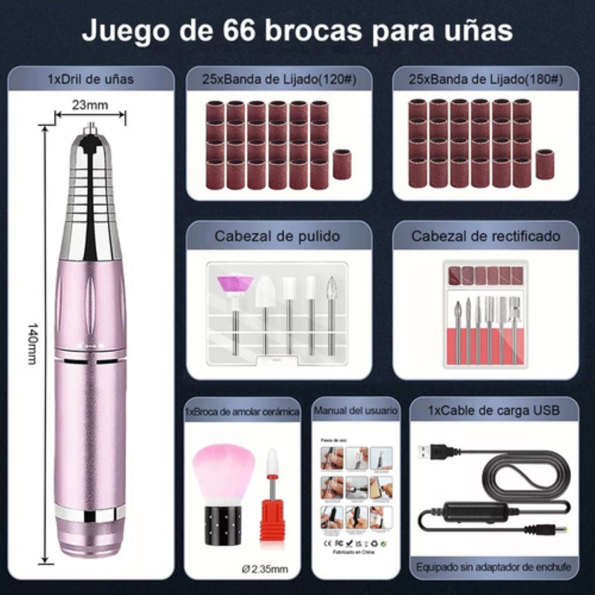 Pulidor Esmeril Taladro Drill Para Uñas Acrilicas 35000rpm ROSA