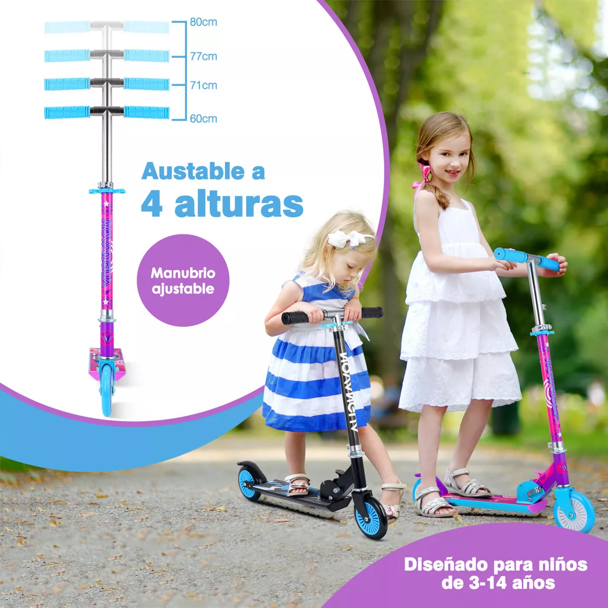 Scooter para niños 2 llantas plegables ligero altura adjustable 50 kg Rosa chicle