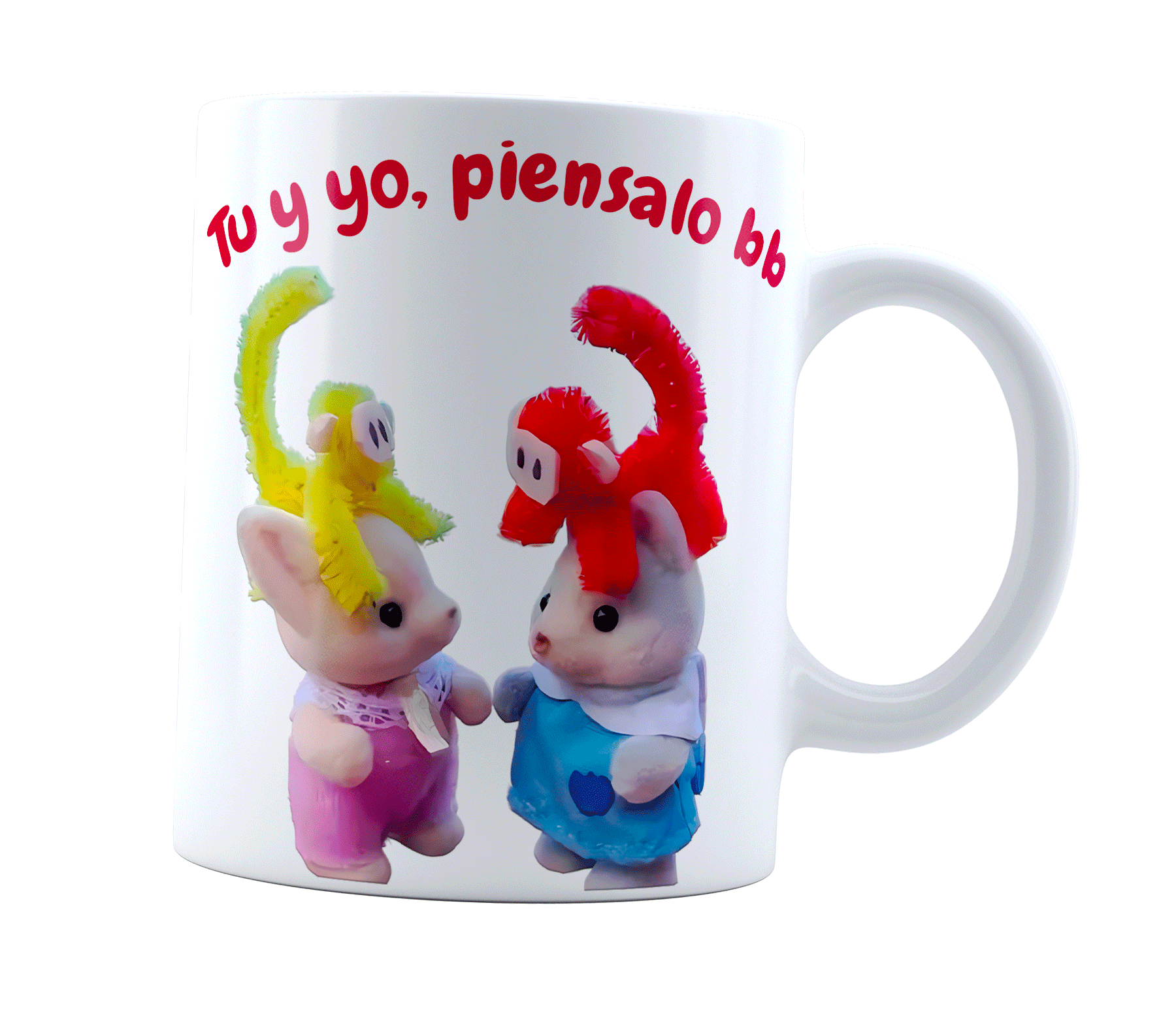 Taza ternurin tu y yo piénsalo bb | Frase meme divertida | amor love | Sylvanian muñeco afelpado | Cerámica Blanca 11 oz | Para Café o té