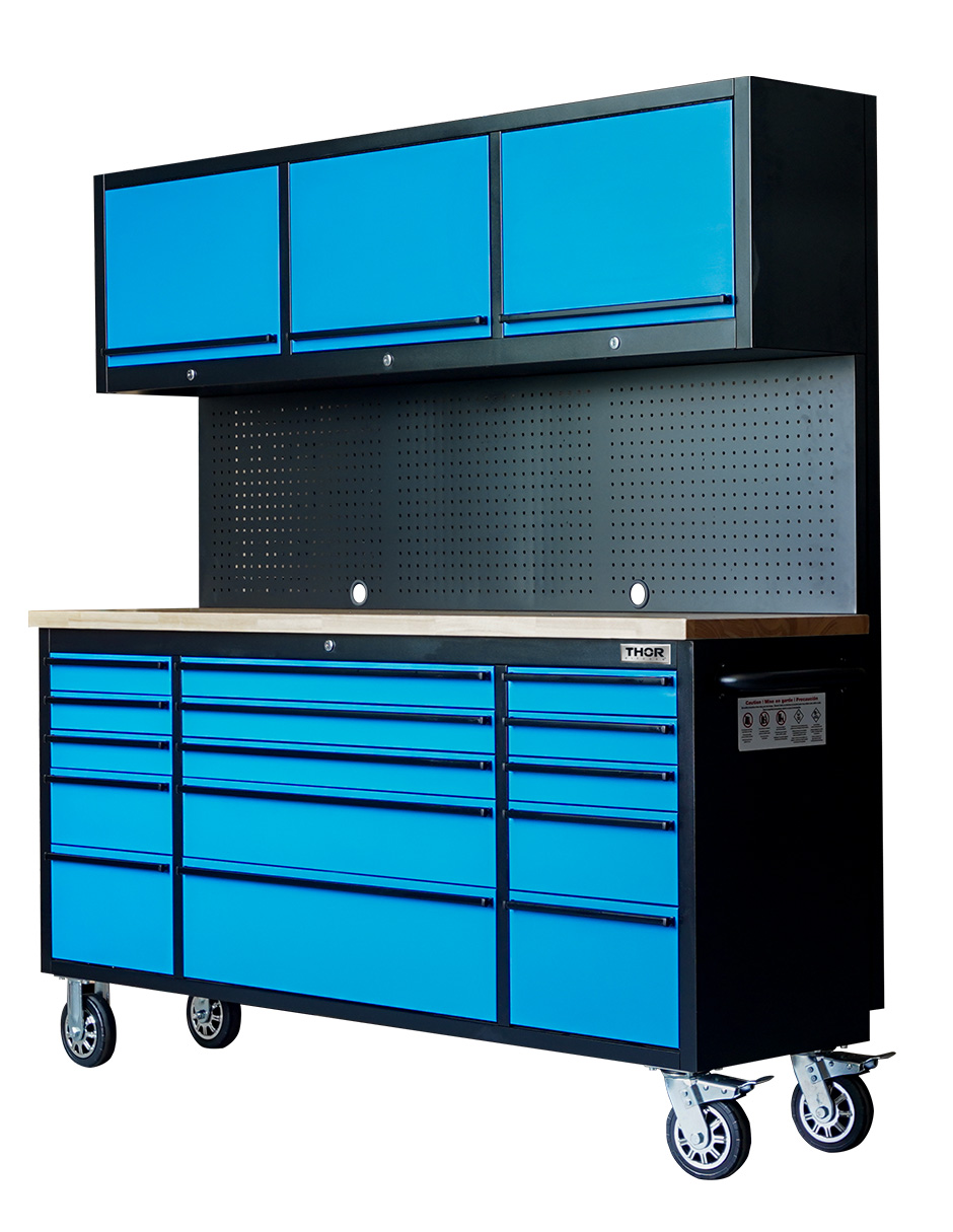 GABINETE DE ACERO INOXIDABLE COLOR AZUL 15 CAJONES Y 3 GABINETES SUPERIORES