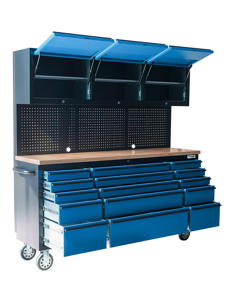 GABINETE DE ACERO INOXIDABLE COLOR AZUL 15 CAJONES Y 3 GABINETES SUPERIORES