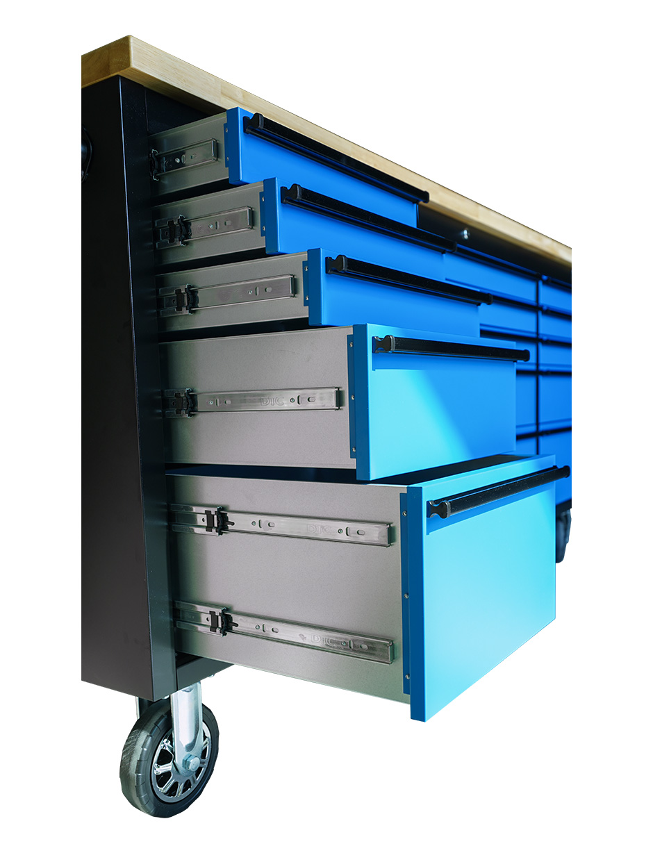 GABINETE DE ACERO INOXIDABLE COLOR AZUL 15 CAJONES Y 3 GABINETES SUPERIORES