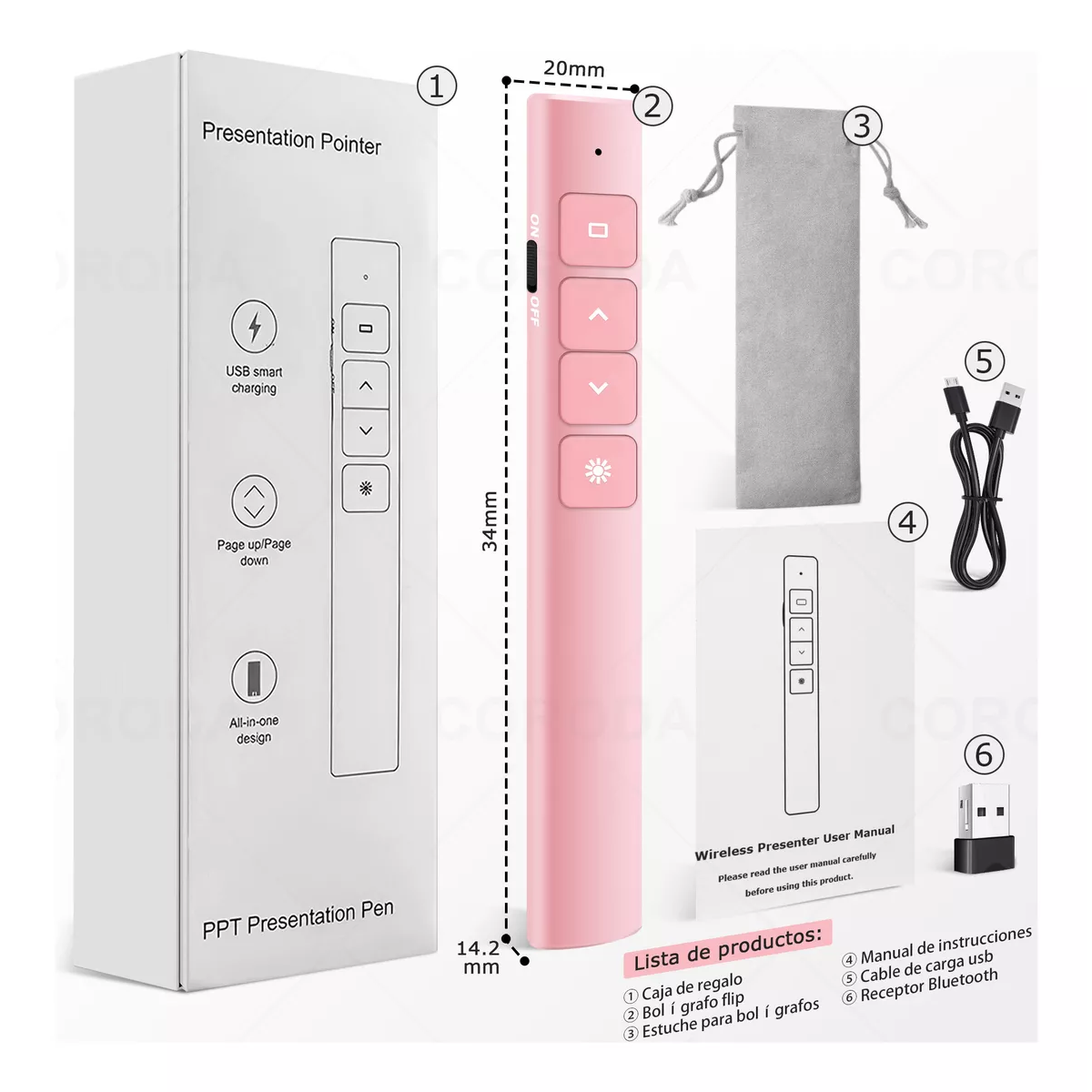 Apuntador Presentador Láser Inalámbric Remoto Usb Recargable Rosa