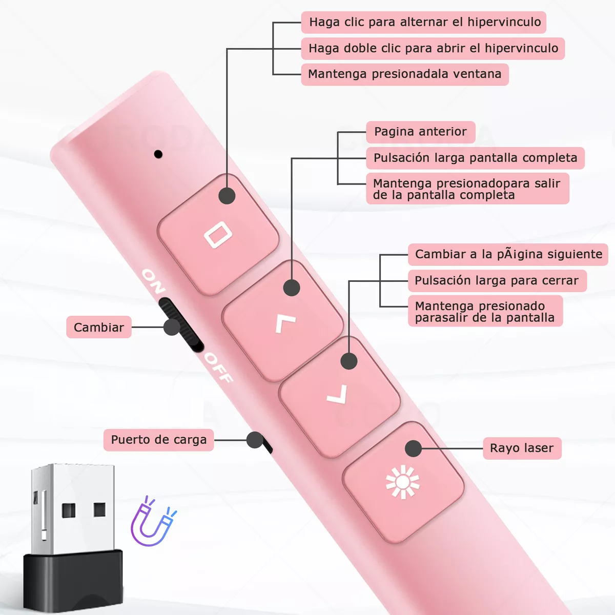 Apuntador Presentador Láser Inalámbric Remoto Usb Recargable Rosa