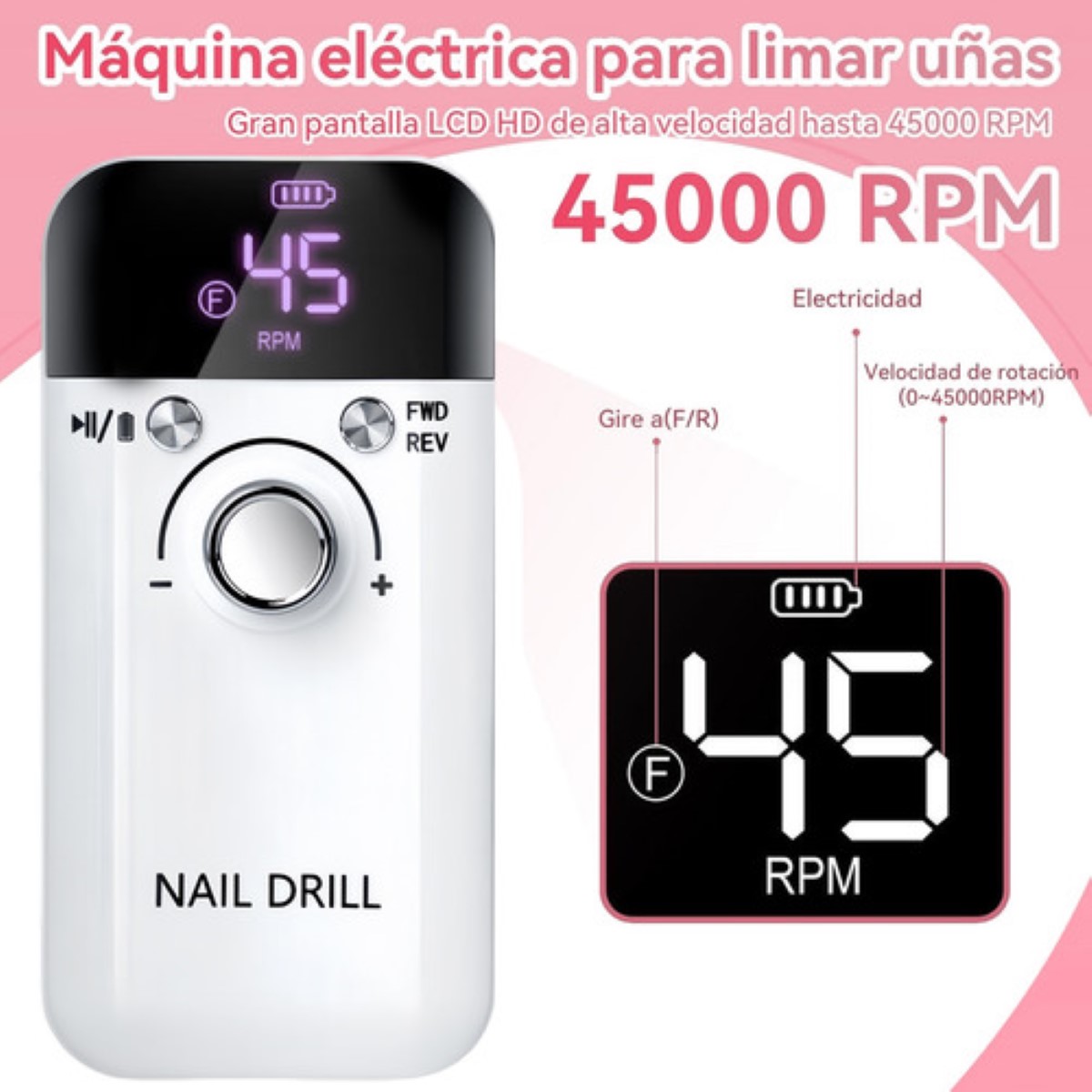 Pulidor De Uñas Esmeril Profesional Drill Portátil 45000 Rpm BLANCO