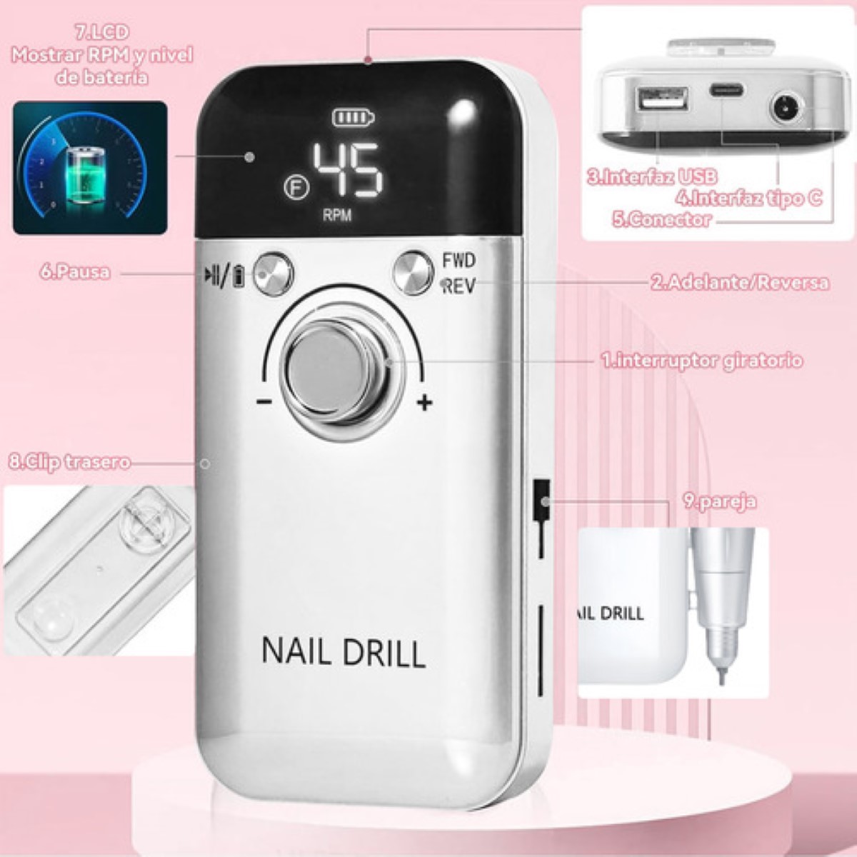 Pulidor De Uñas Esmeril Profesional Drill Portátil 45000 Rpm BLANCO