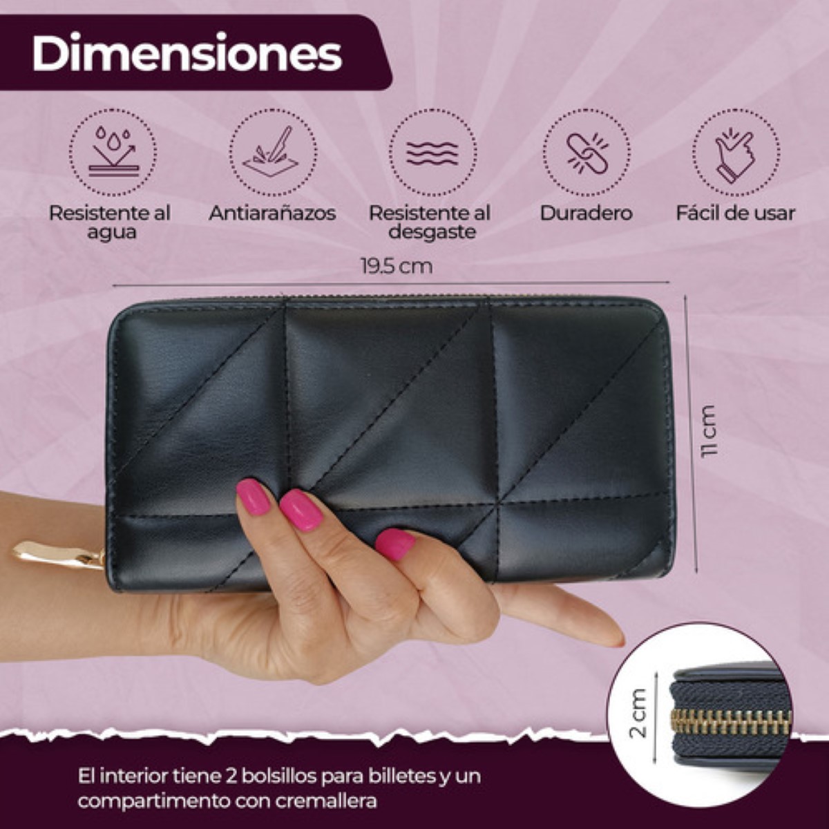 Cartera Billeteras Tarjetera Moderna Para Dama Color Negro Diseño de la tela Rayas