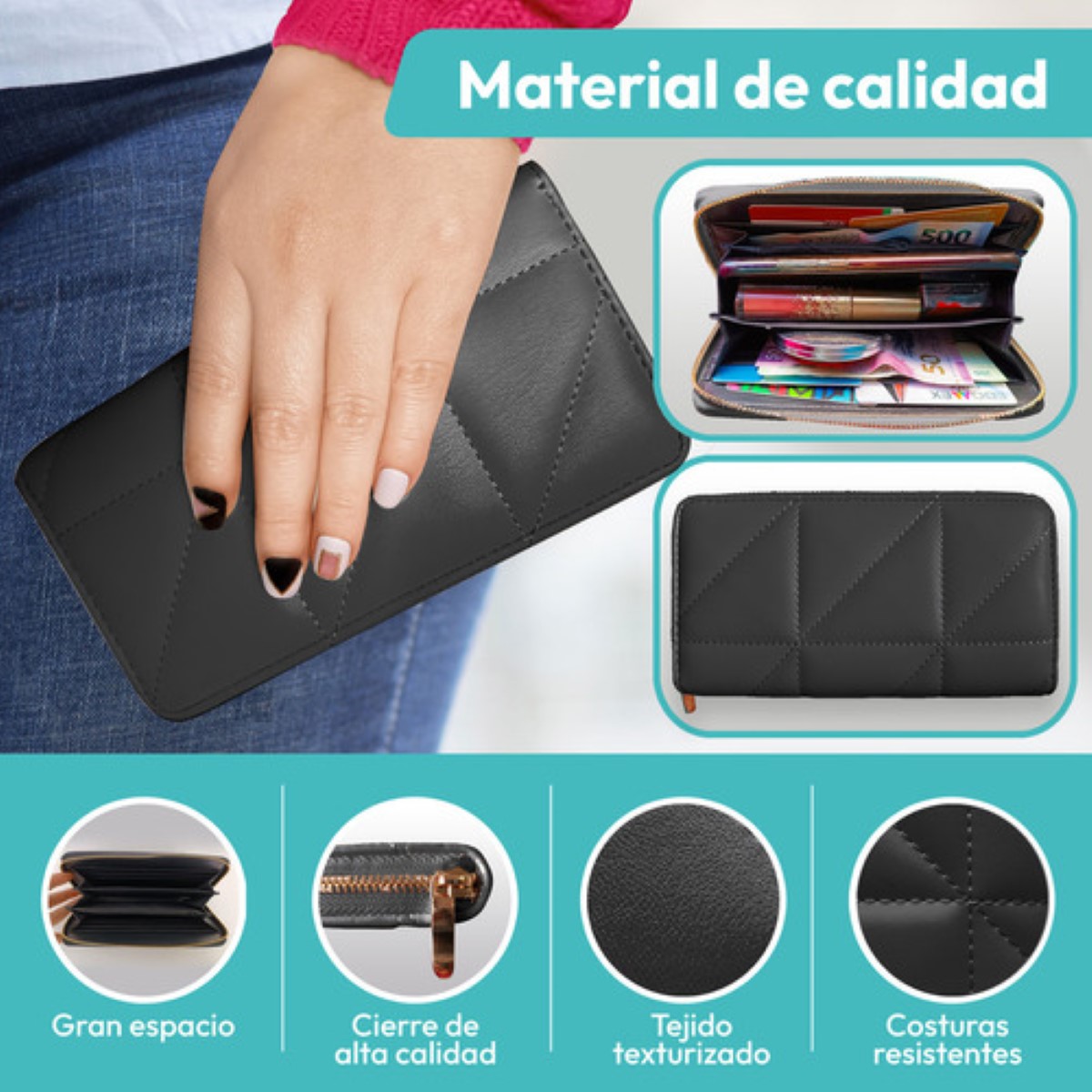 Cartera Billeteras Tarjetera Moderna Para Dama Color Negro Diseño de la tela Rayas