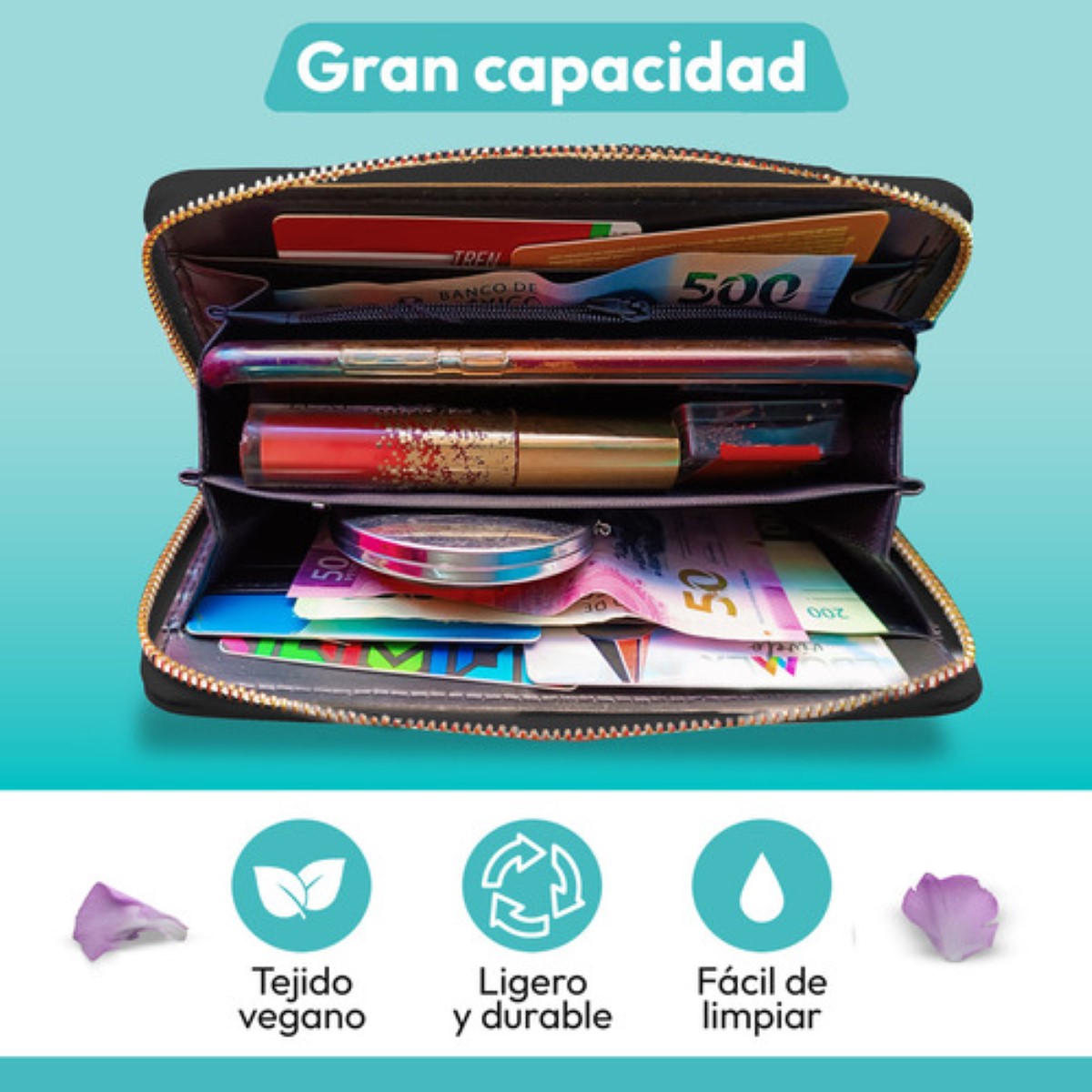 Cartera Billeteras Tarjetera Moderna Para Dama Color Negro Diseño de la tela Rayas