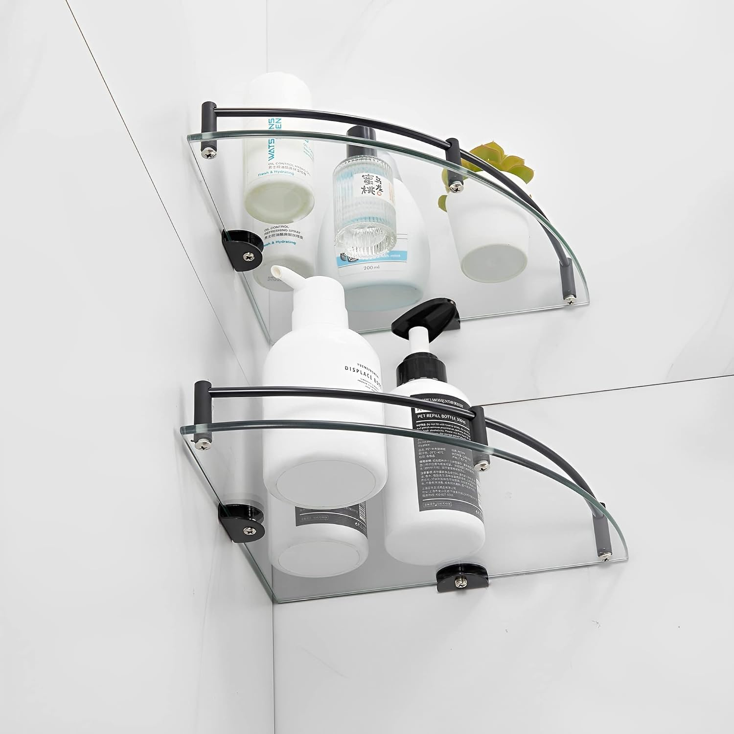 Esatto® Paquete de 4 repisas esquineras vidrio soportes negros mate 24 x 24 cms