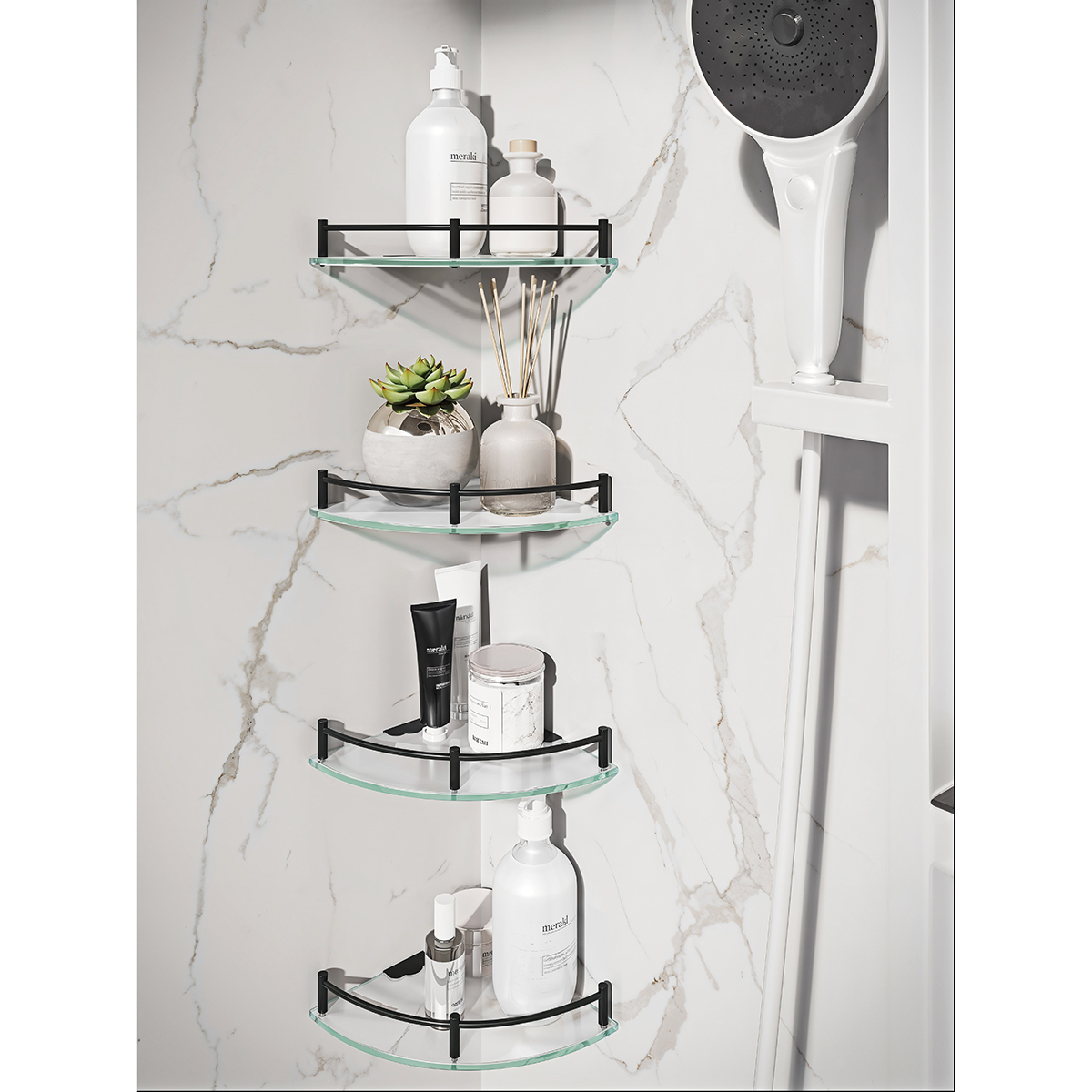 Esatto® Paquete de 4 repisas esquineras vidrio soportes negros mate 24 x 24 cms