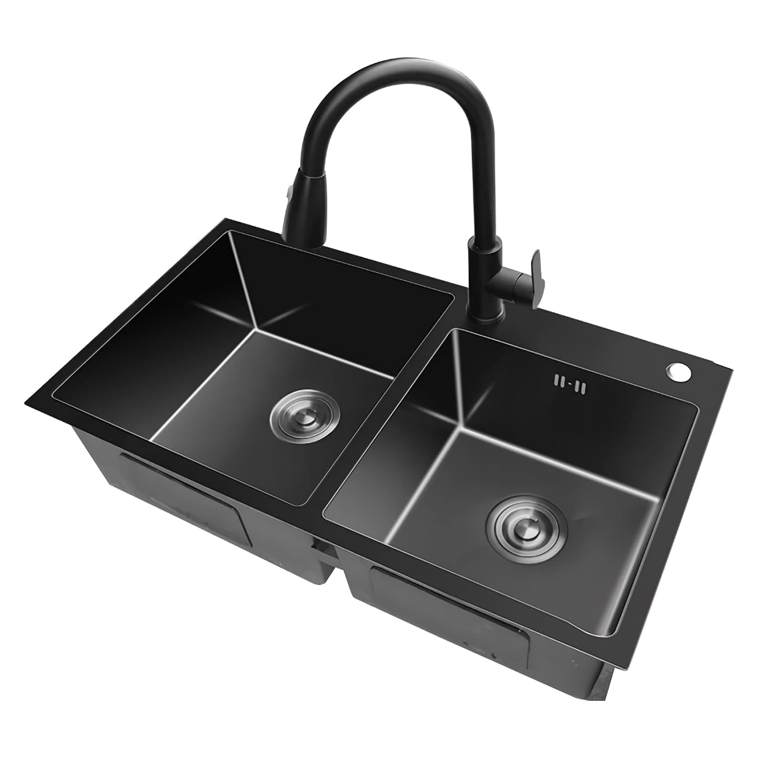 Esatto® Tarja fregadero negro doble tina sobreponer submontar incluye llave regadera desagües escurridor listo para instalar