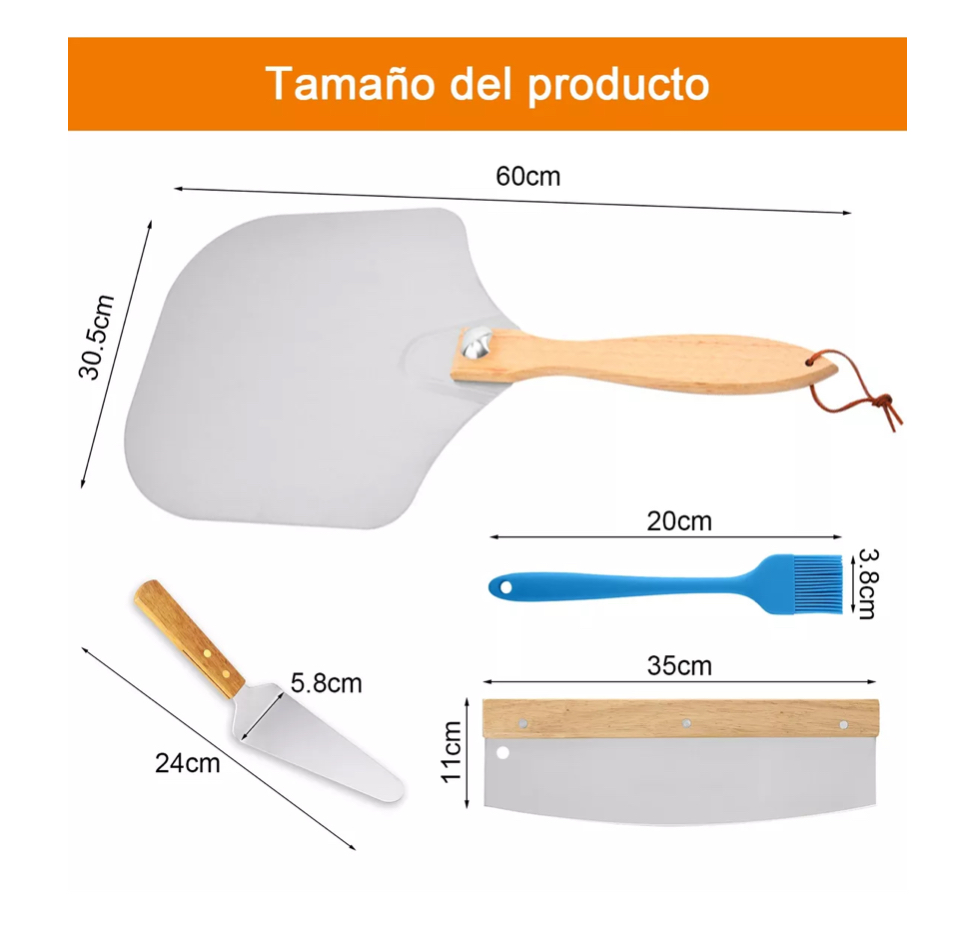 Set Pala Para Pizza Aluminio 60 Cm Y Espátula , 4piezas