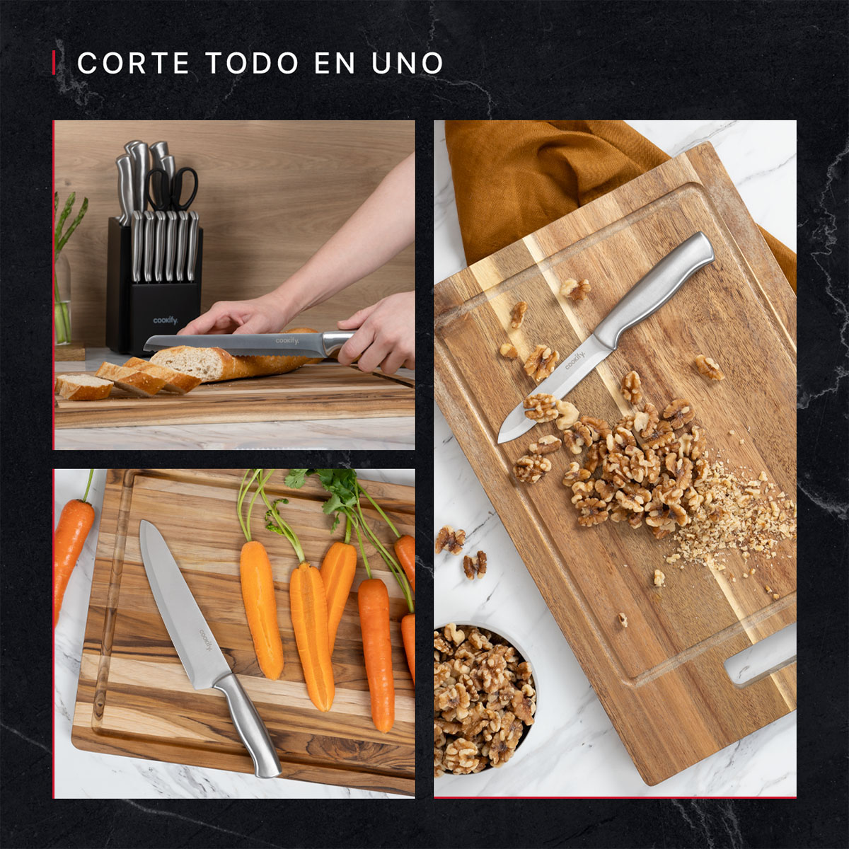 Cuchillos para Cocina 15 piezas en Set de Acero Inoxidable Juego con Base Tijeras y Afilador (Negro/Acero Inoxidable) Cookify