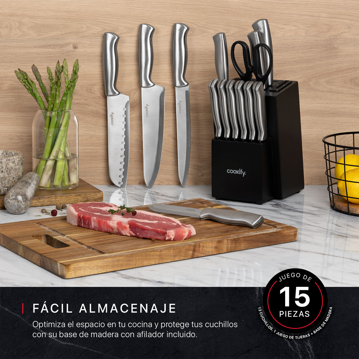 Cuchillos para Cocina 15 piezas en Set de Acero Inoxidable Juego con Base Tijeras y Afilador (Negro/Acero Inoxidable) Cookify