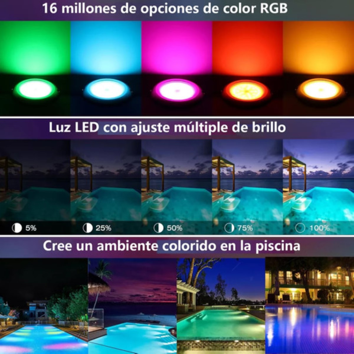 Luces Para Alberca Ultra Delgado 12v18w Rgb Con Remoto Y App BLANCO